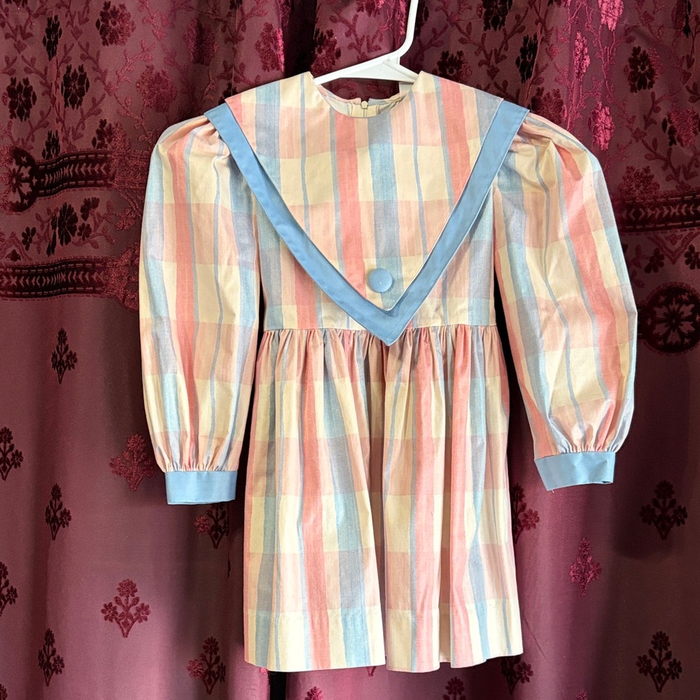 Vintage Pastel Plaid Kids Dress with Button Accent Size Five